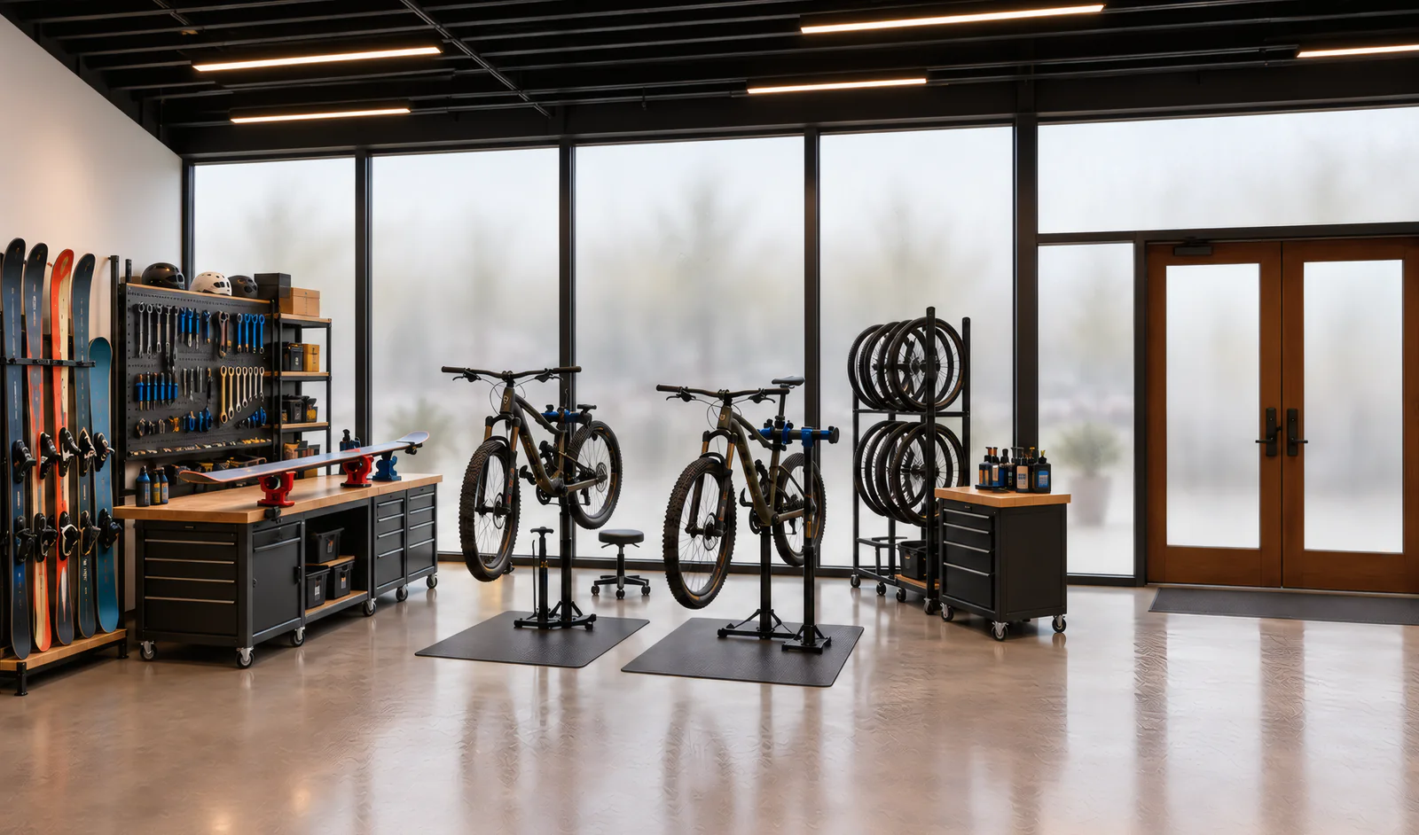A repair shop: two mountain bikes on repair stands, a rack of snowboards and skis, a pegboard of tools over a workbench and a wheel rack