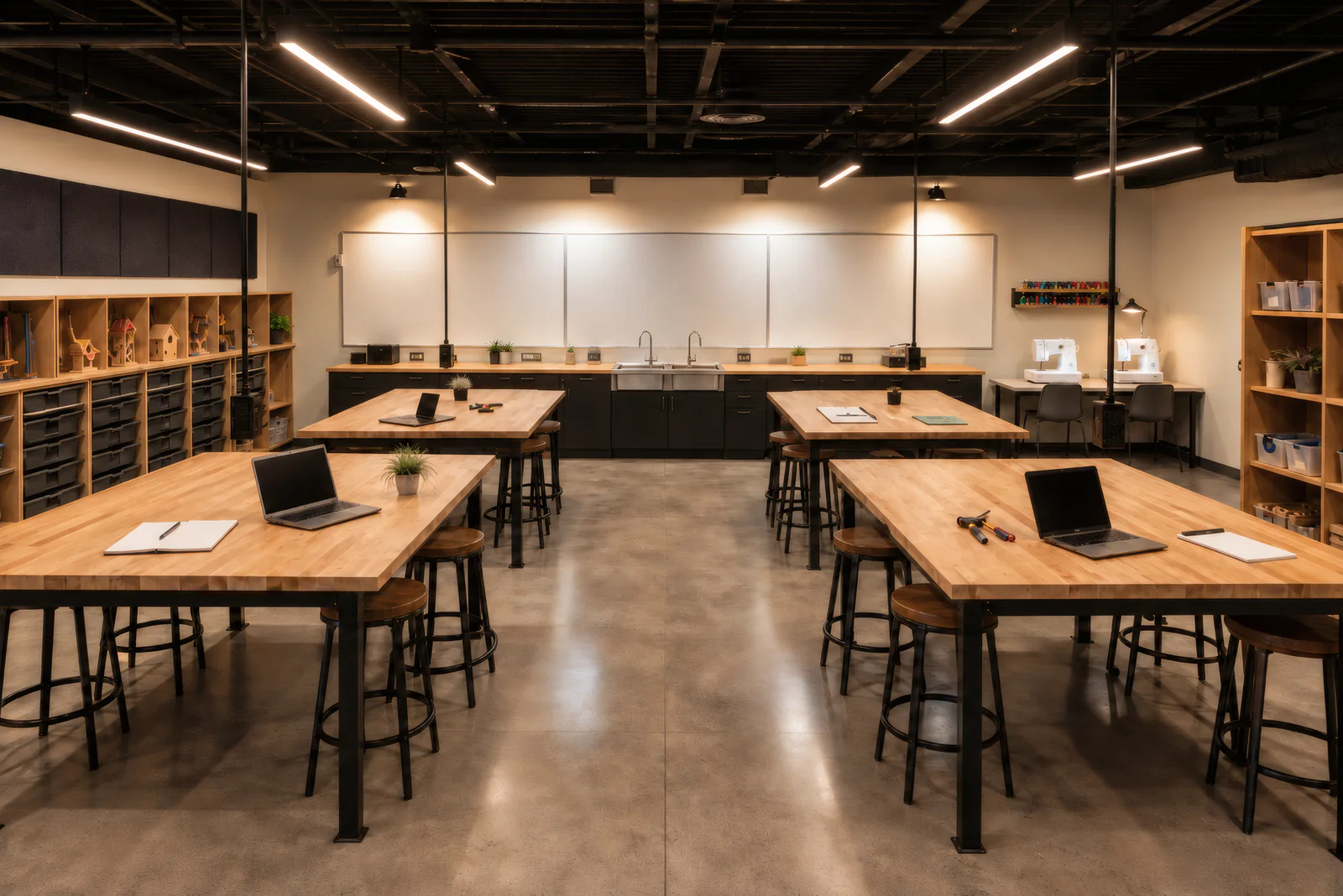 A classroom ready for a class: butcher-block tables with stools and laptops, a long whiteboard wall, sinks, sewing machines and shelves of project bins