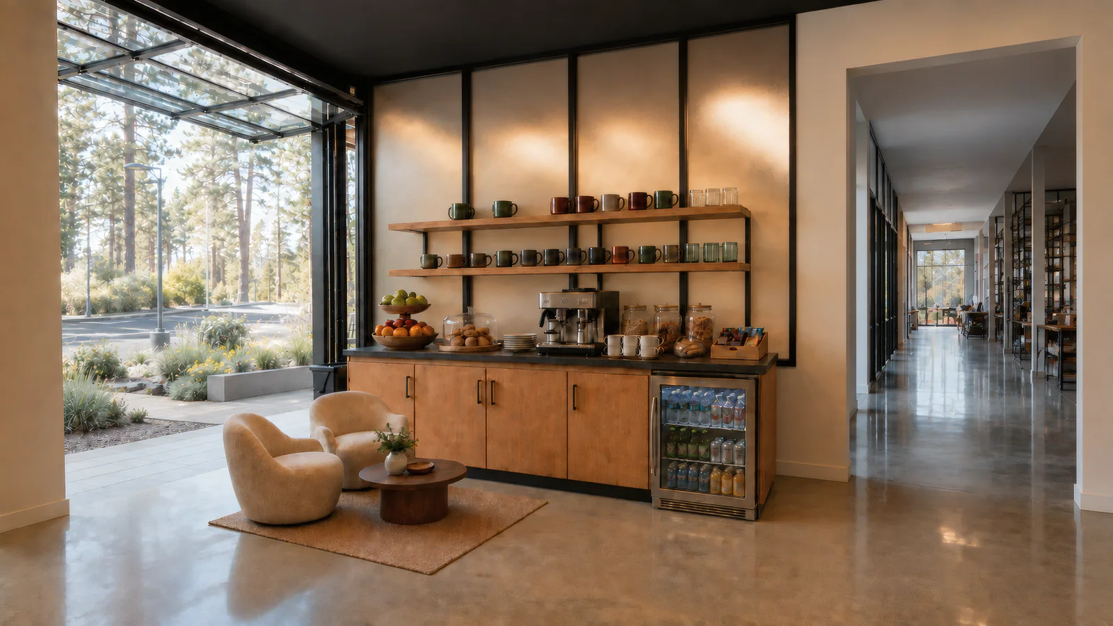 The community lounge: a coffee bar with shelves of mugs, a drinks fridge and two soft chairs, beside a roll-up glass door