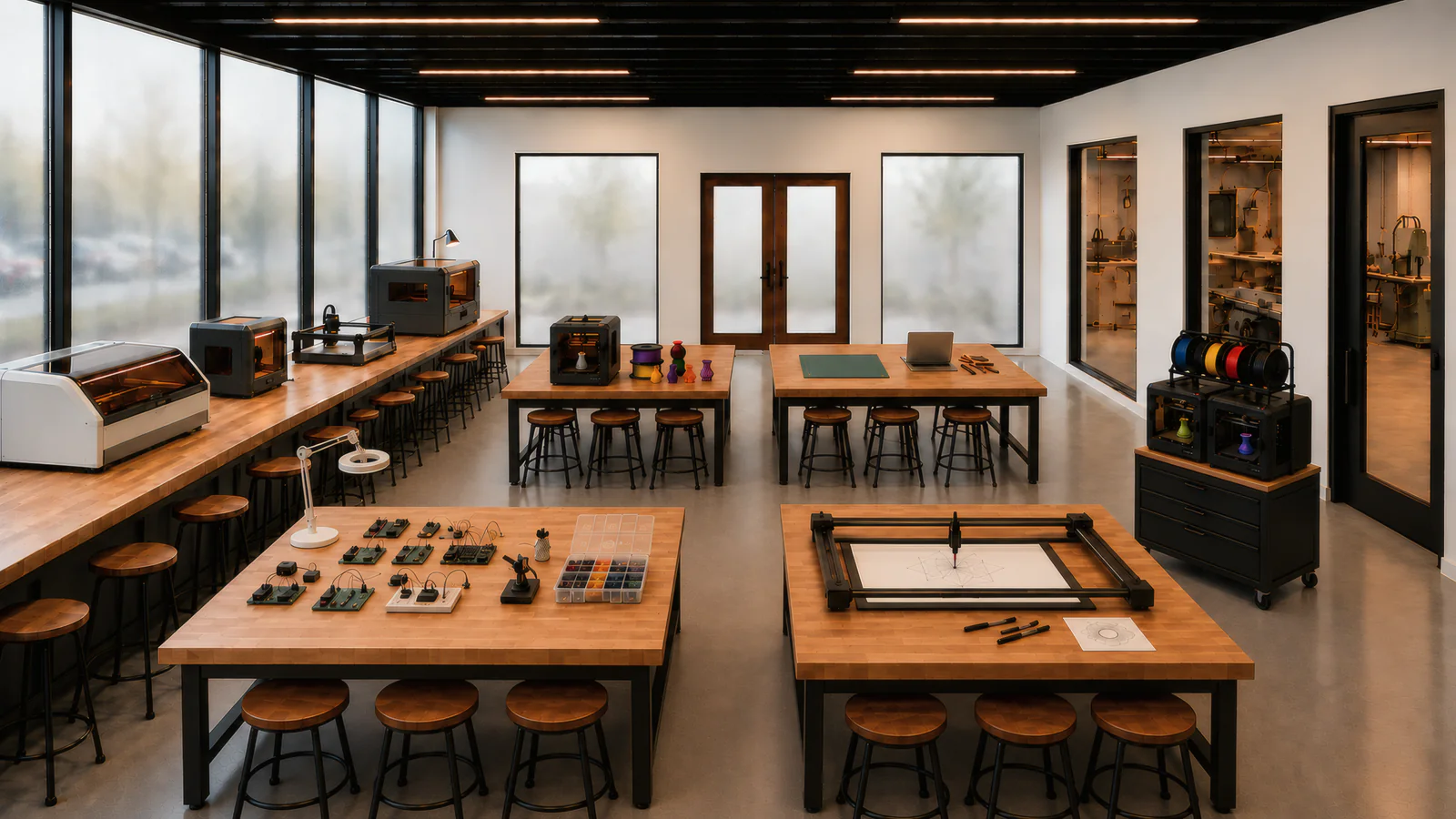 A bright prototyping room: laser cutters and 3D printers along the windows, electronics kits and a pen plotter on butcher-block benches