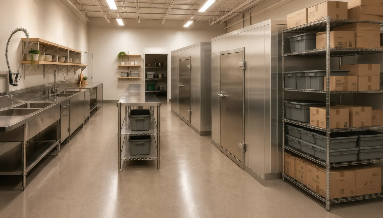 A food storage room: steel prep sinks, a rolling cart, two walk-in coolers and wire shelving stacked with boxes and bins