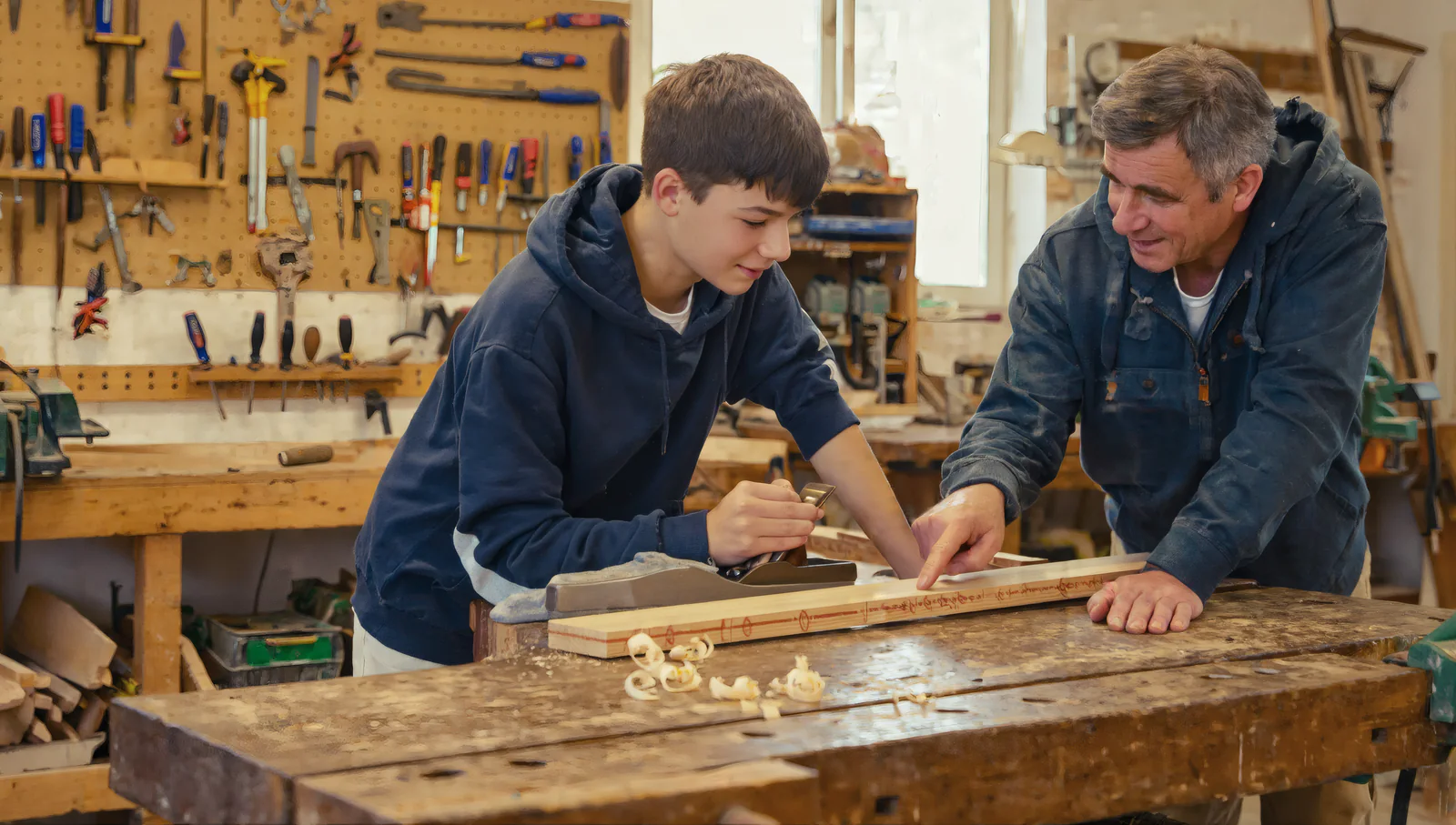 A student and a mentor at a workbench, planing a board together