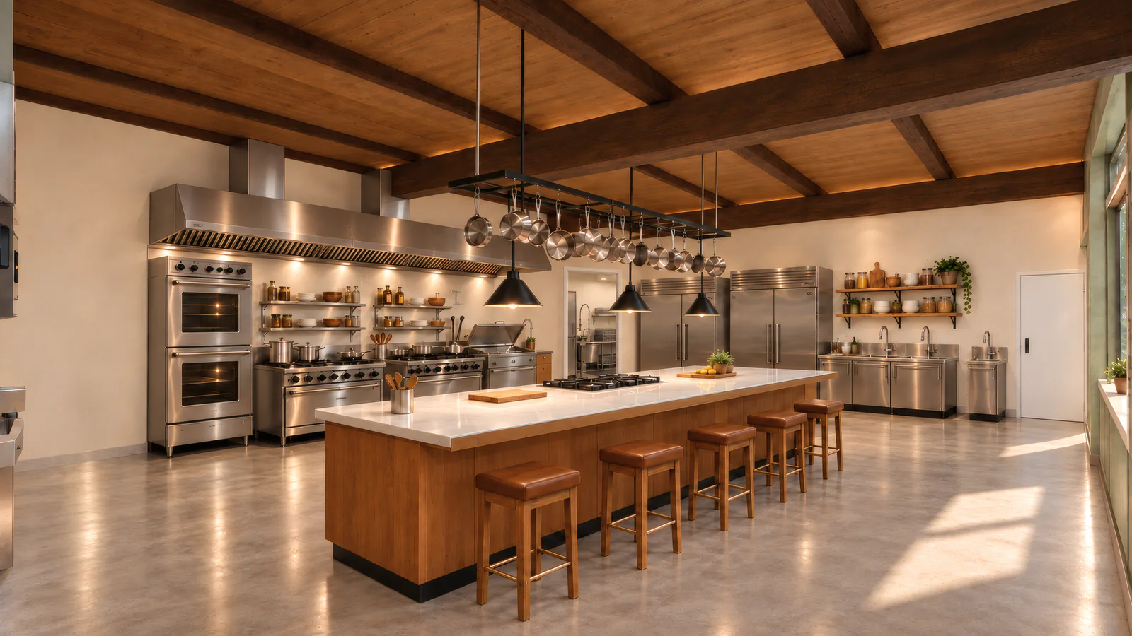 A teaching kitchen: a long island with stools, a range under a steel hood, double ovens, pots hanging over the island and steel fridges