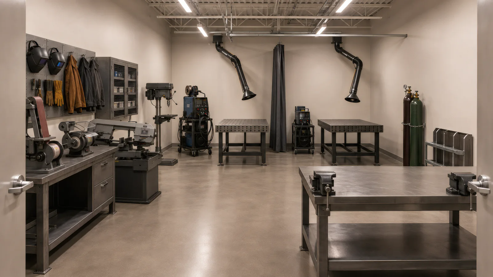 A metal shop ready for its first class: welding tables under fume arms, MIG welders, a bandsaw, drill press and grinders, gas cylinders, a vise bench and helmets on the wall