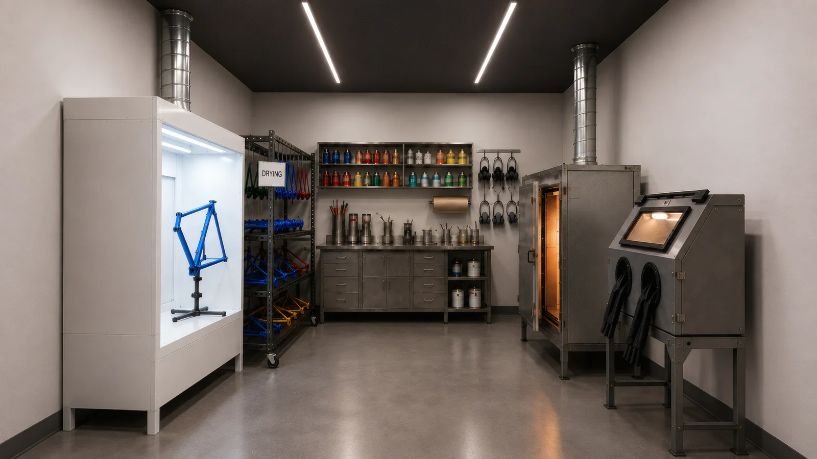A finishing room: a lit drying cabinet with a blue bike frame, a rack of coated parts, shelves of paint, a curing oven and a sandblast cabinet