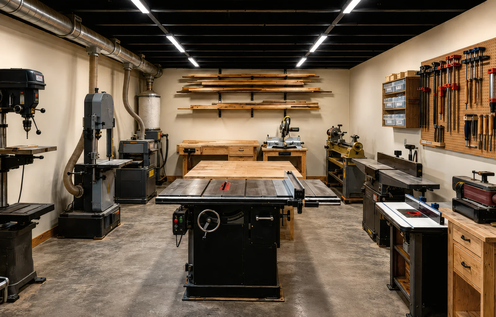 A woodshop ready for its first class: a table saw in the middle, a bandsaw, drill press and planer on dust collection, a lathe, a router table, a pegboard of clamps and lumber racks